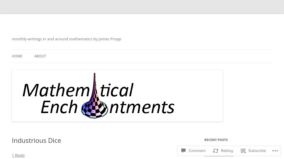Screenshot of mathenchant.wordpress.com: Industrious Dice