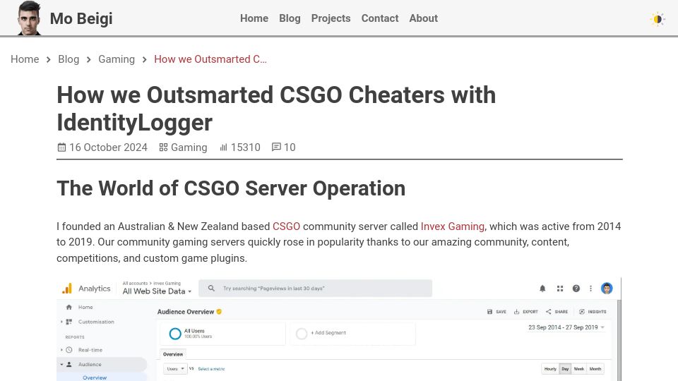 Screenshot of mobeigi.com: We outsmarted CSGO cheaters with IdentityLogger