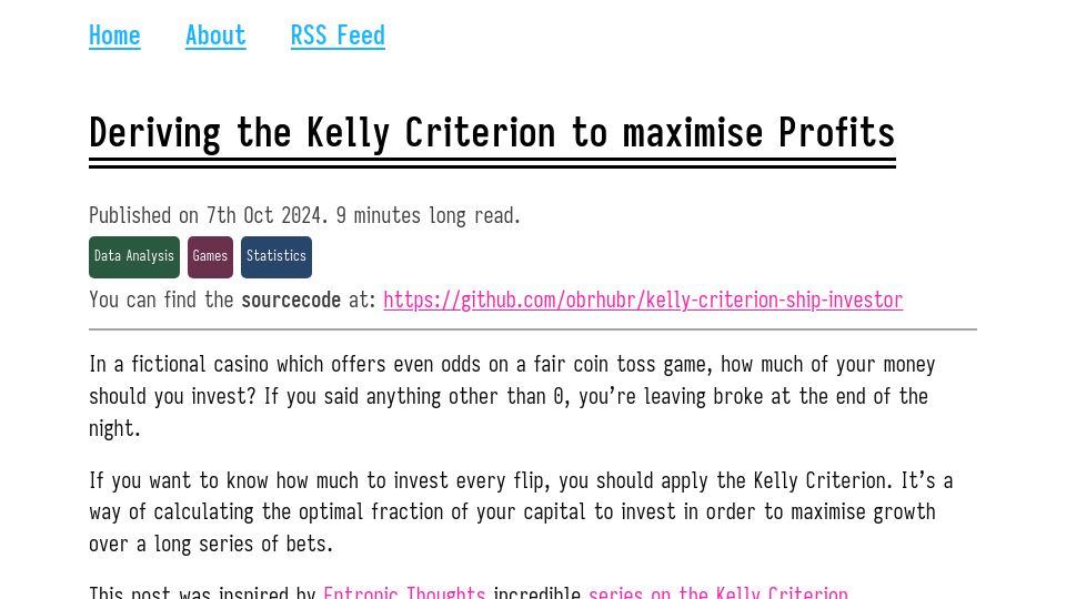 Screenshot of obrhubr.org: Deriving the Kelly Criterion to Maximise Profits
