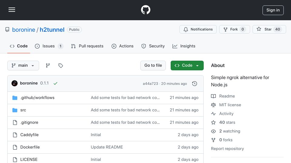 Screenshot of github.com: H2tunnel – ngrok alternative for Node.js in 600 LOC and no dependencies