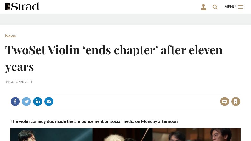 Screenshot of thestrad.com: TwoSet Violin 'ends chapter' after eleven years