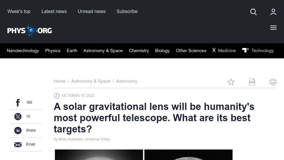Screenshot of phys.org: A solar gravitational lens will be humanity's most powerful telescope (2022)