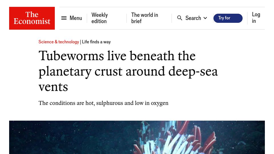 Screenshot of economist.com: Tubeworms live around deep-sea vents