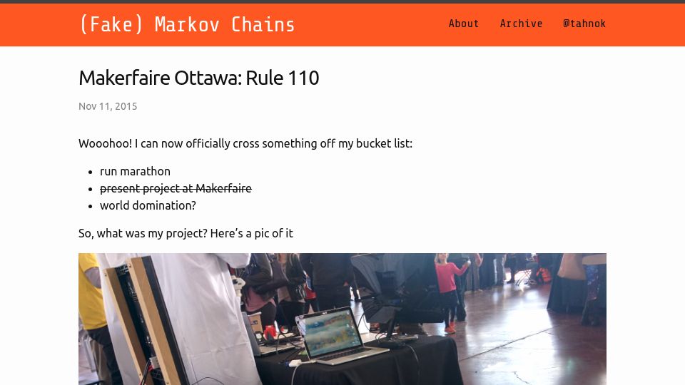 Screenshot of blog.tahnok.me: Makerfaire Ottawa: Rule 110 (2015)