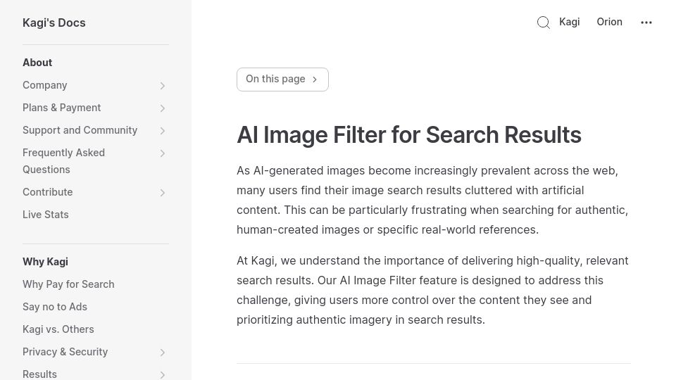 Screenshot of help.kagi.com: Kagi Update: AI Image Filter for Search Results