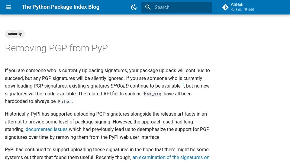 Screenshot of blog.pypi.org: Removing PGP from PyPI
