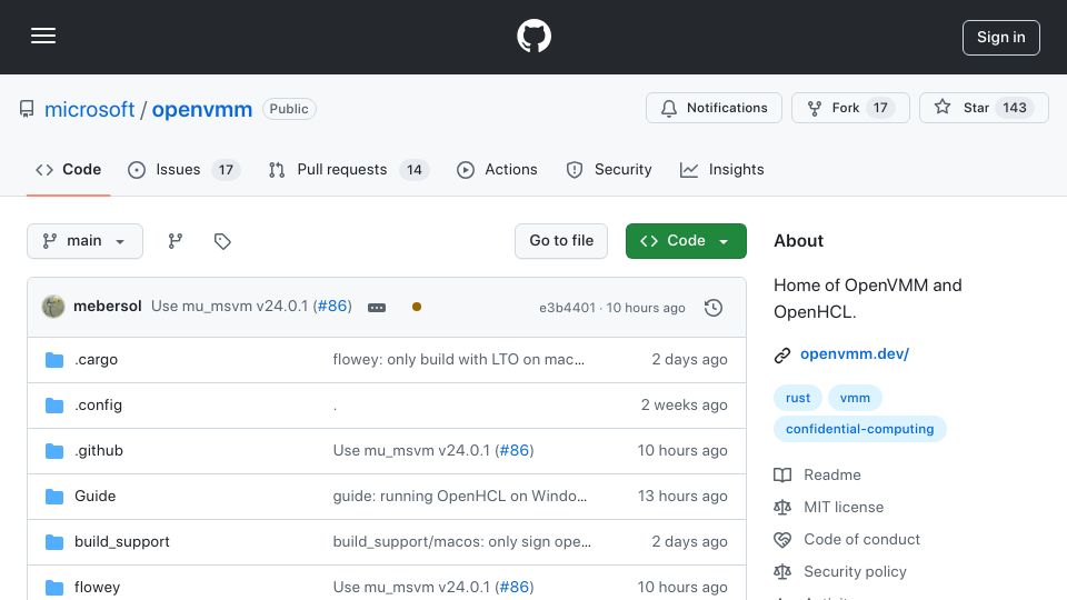 Screenshot of github.com: OpenVMM – A New VMM for Windows and Linux, Written in Rust
