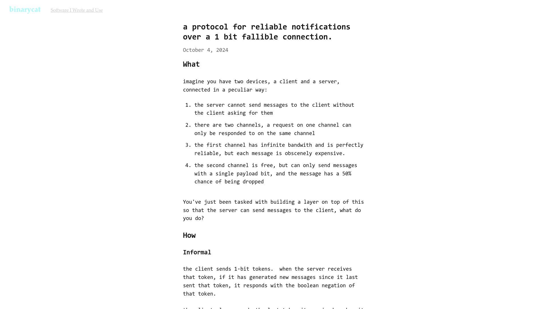 Screenshot of paper.wf: A protocol for reliable notifications over a 1 bit fallible connection