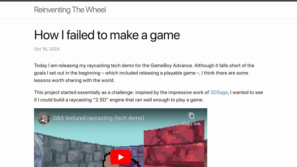 Screenshot of mcejp.github.io: How I failed to make a game: Raycasting on the GBA
