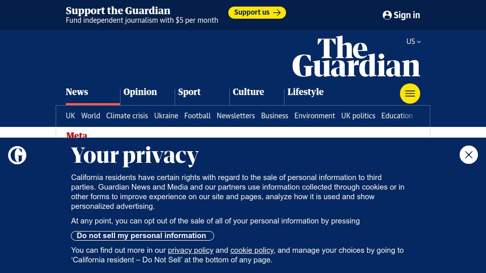 Screenshot of theguardian.com: Meta fires staff for 'using free meal vouchers to buy household goods'