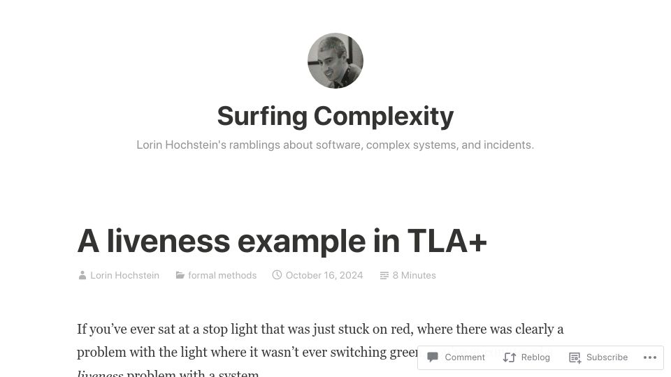 Screenshot of surfingcomplexity.blog: A Liveness Example in TLA+