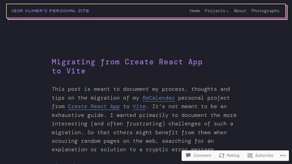 Screenshot of klimer.eu: Migrating from Create React App to Vite