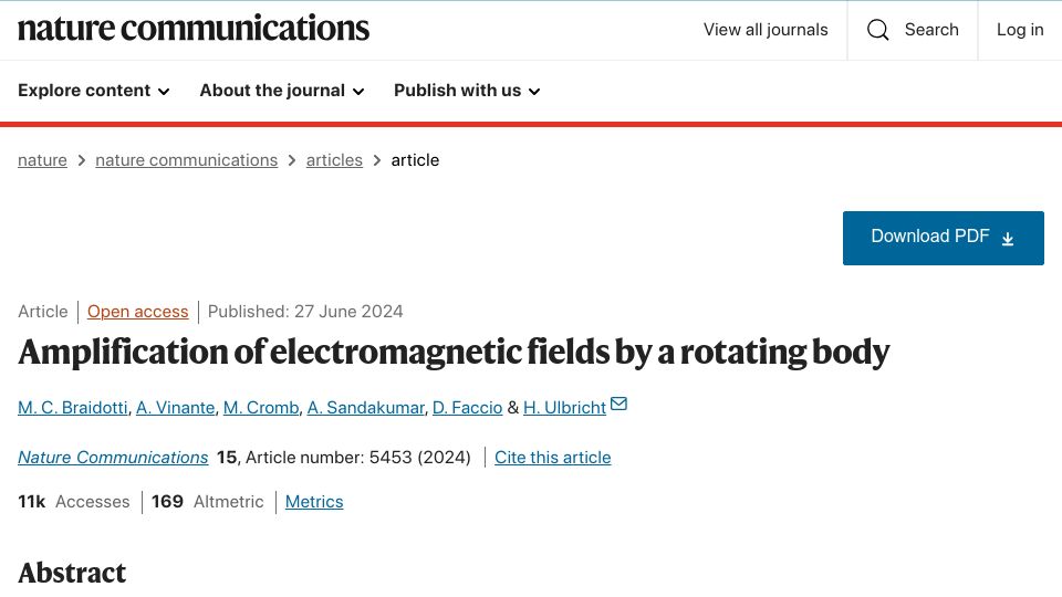Screenshot of nature.com: Amplification of electromagnetic fields by a rotating body