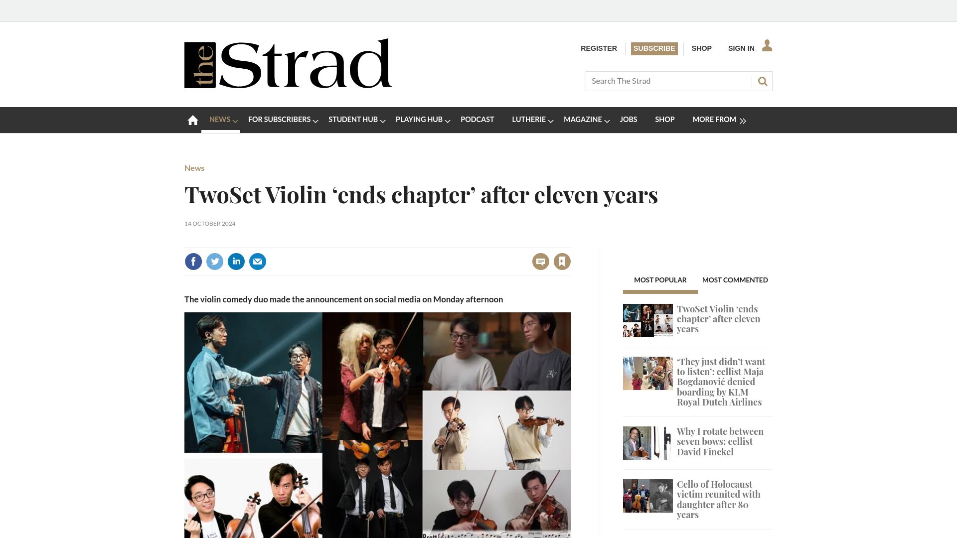 Screenshot of thestrad.com: TwoSet Violin 'ends chapter' after eleven years