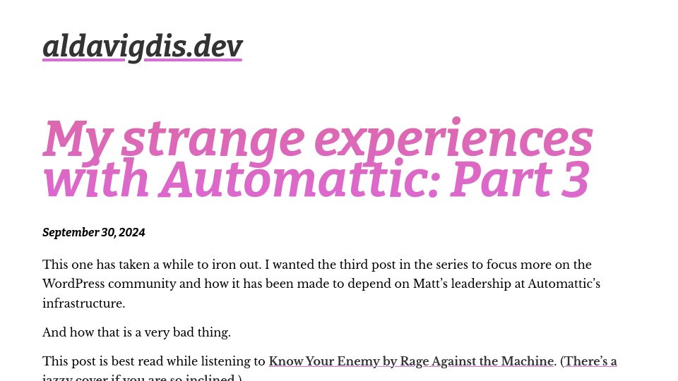 Screenshot of aldavigdis.dev: My experiences with Automattic: Part 3