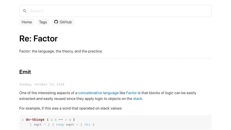 Screenshot of re.factorcode.org: Emit