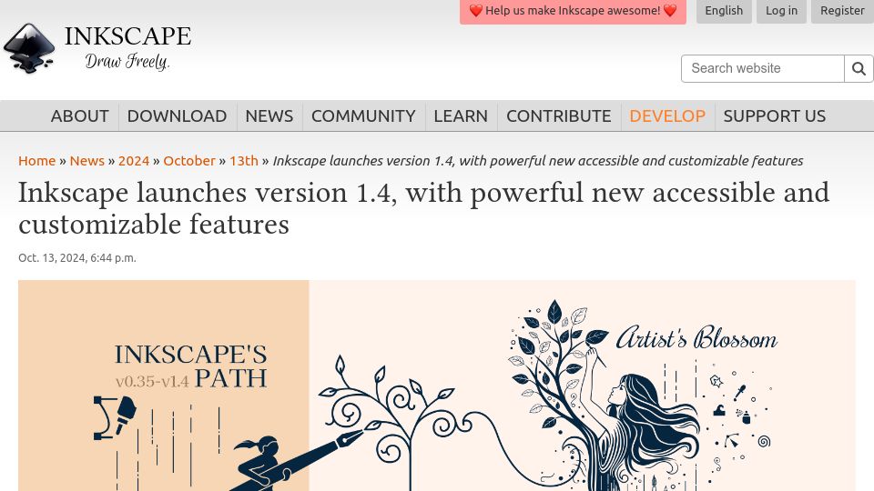 Screenshot of inkscape.org: Inkscape 1.4