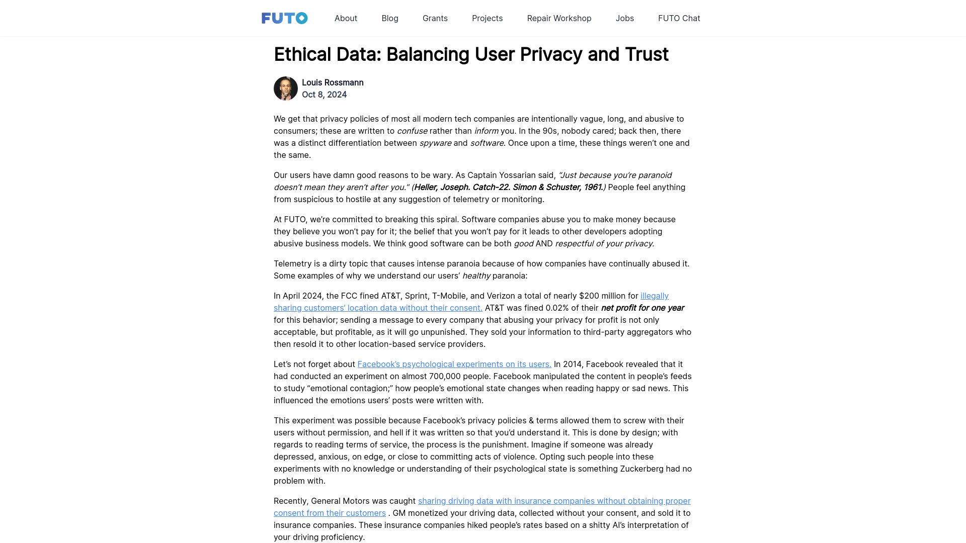Screenshot of futo.org: Louis Rossmann on Ethical Data