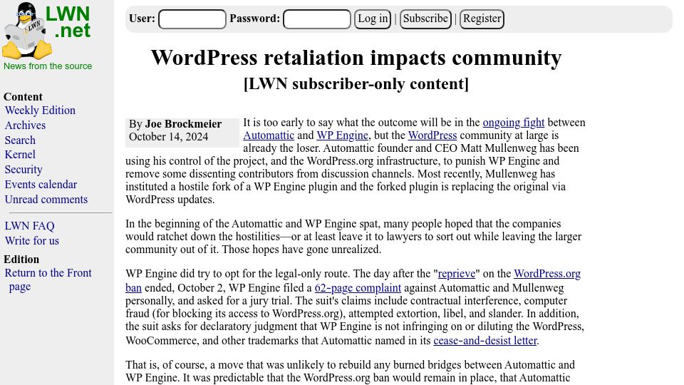 Screenshot of lwn.net: WordPress retaliation impacts community