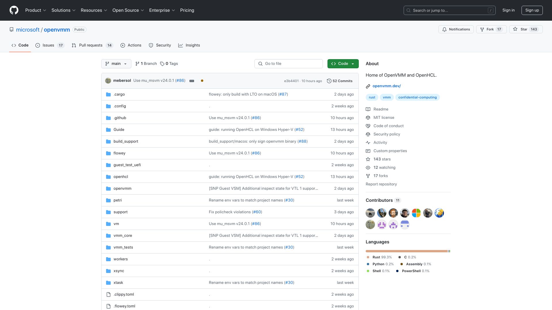 Screenshot of github.com: OpenVMM – A New VMM for Windows and Linux, Written in Rust