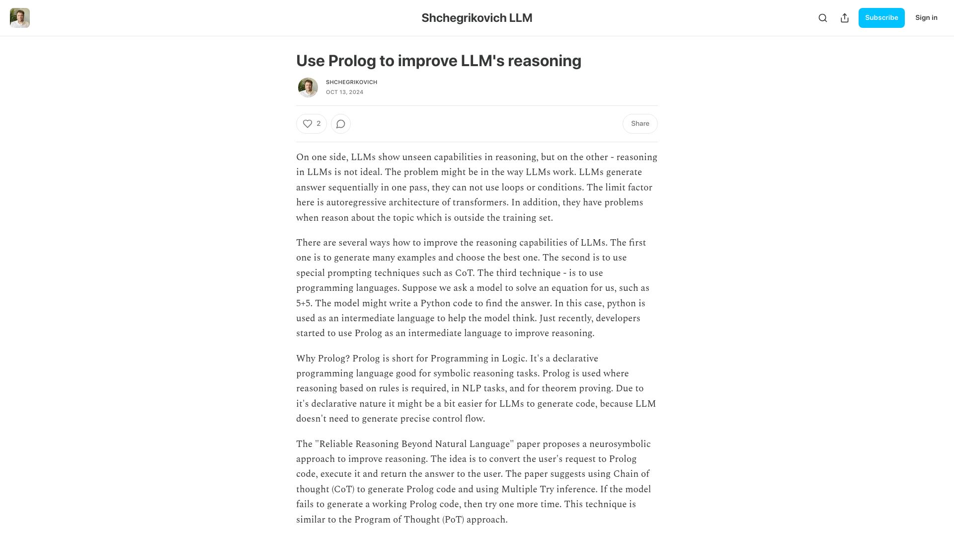 Screenshot of shchegrikovich.substack.com: Use Prolog to improve LLM's reasoning