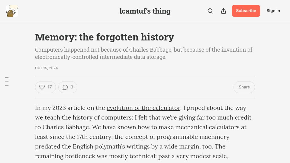 Screenshot of lcamtuf.substack.com: Memory: the forgotten history