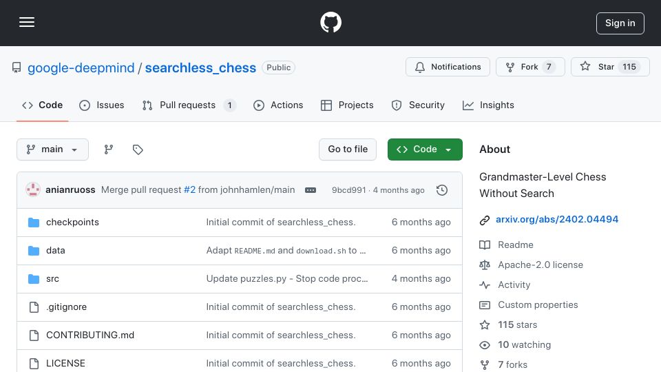 Screenshot of github.com: Grandmaster-level chess without search