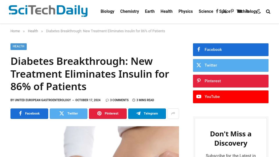 Screenshot of scitechdaily.com: Type 2 diabetes: New treatment eliminates insulin for 86% of patients