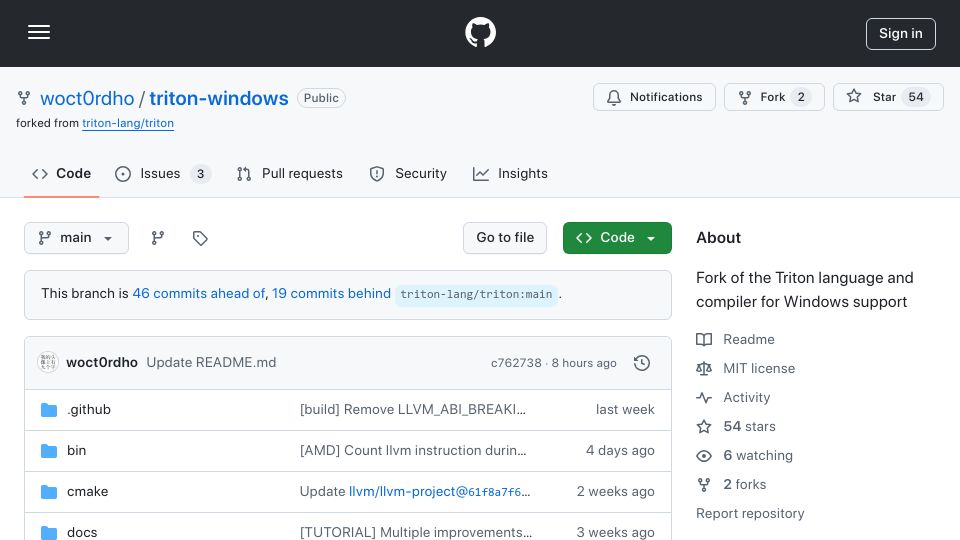 Screenshot of github.com: Triton Fork for Windows Support