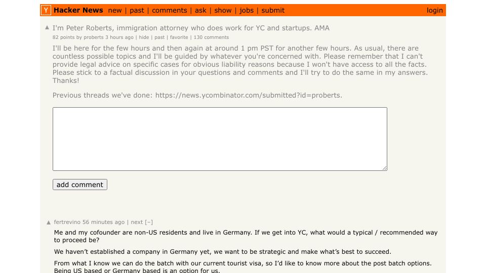 Screenshot of Hacker News post: I'm Peter Roberts, immigration attorney who does work for YC and startups. AMA