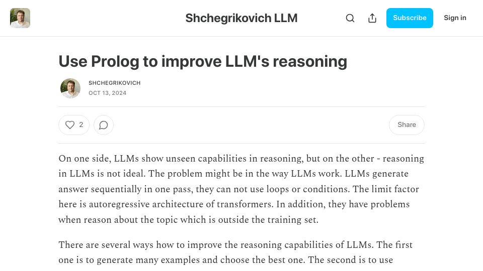 Screenshot of shchegrikovich.substack.com: Use Prolog to improve LLM's reasoning