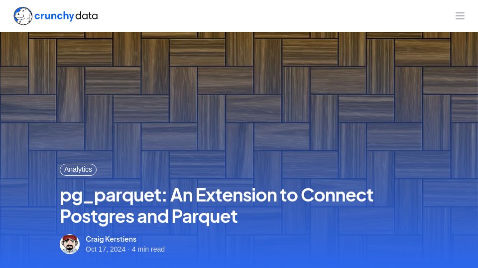 Screenshot of crunchydata.com: Pg_parquet: An extension to connect Postgres and parquet