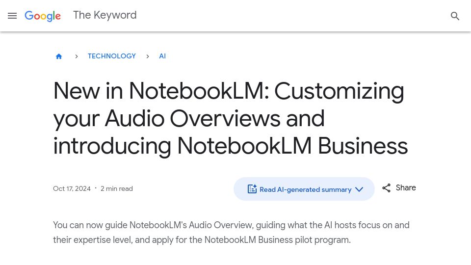 Screenshot of blog.google: NotebookLM launches feature to customize and guide audio overviews