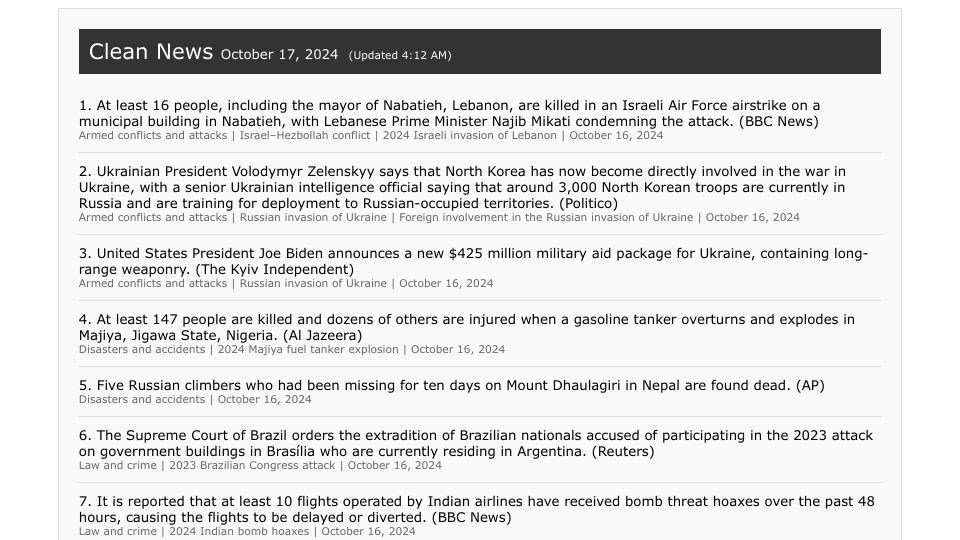 Screenshot of cleannews.fyi: Show HN: Clean News - A cleaner curation of world news events