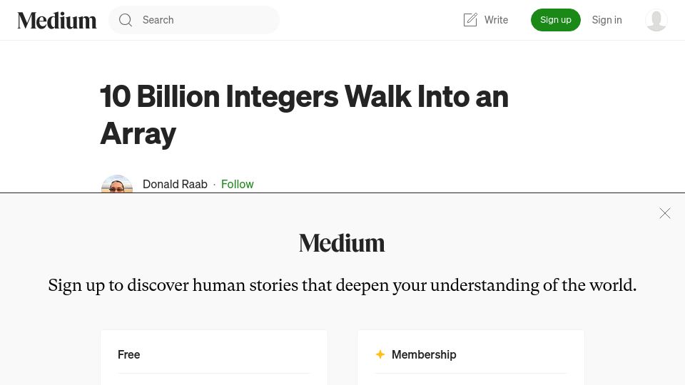 Screenshot of donraab.medium.com: 10B Integers Walk into an Array