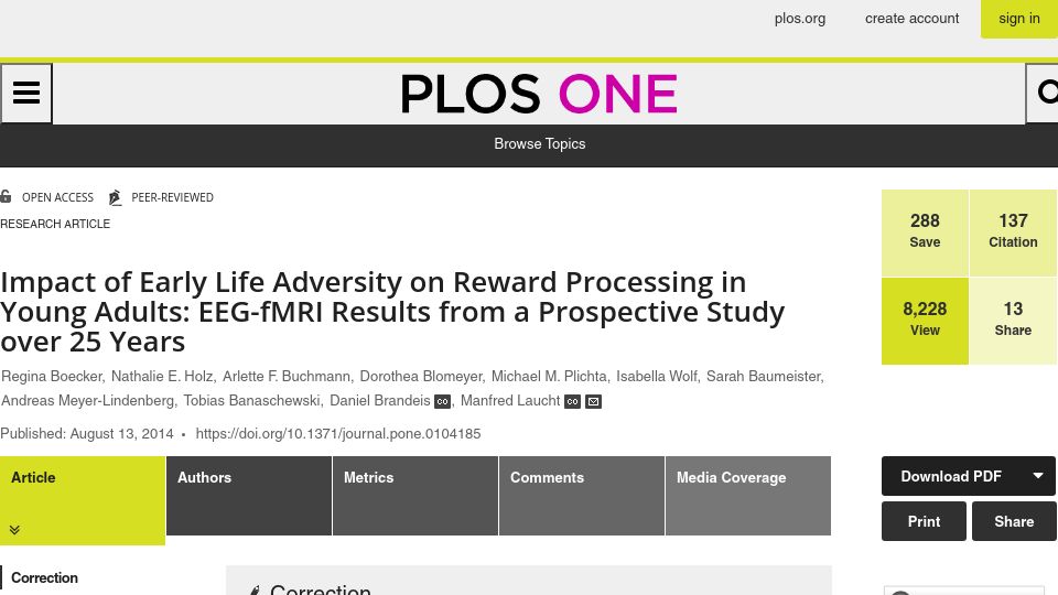 Screenshot of journals.plos.org: Impact of early life adversity on reward processing in young adults (2014)