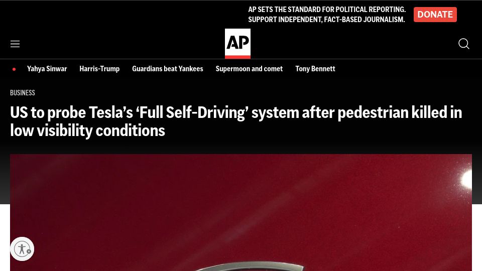 Screenshot of reuters.com: US probes Tesla's Full Self-Driving software after fatal crash