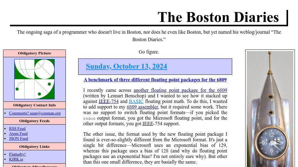 Screenshot of boston.conman.org: A benchmark of three different floating point packages for the 6809