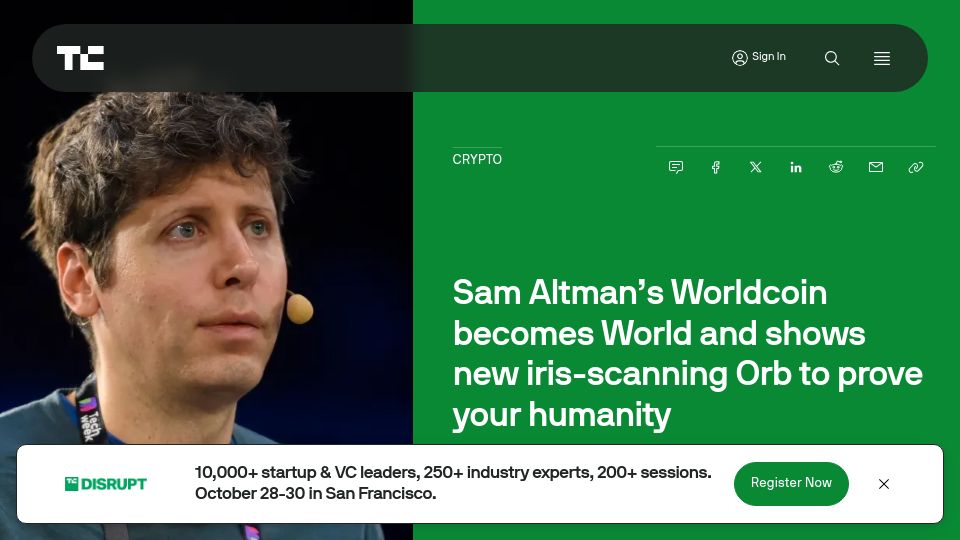 Screenshot of techcrunch.com: Worldcoin becomes World and shows new iris-scanning Orb to prove your humanity