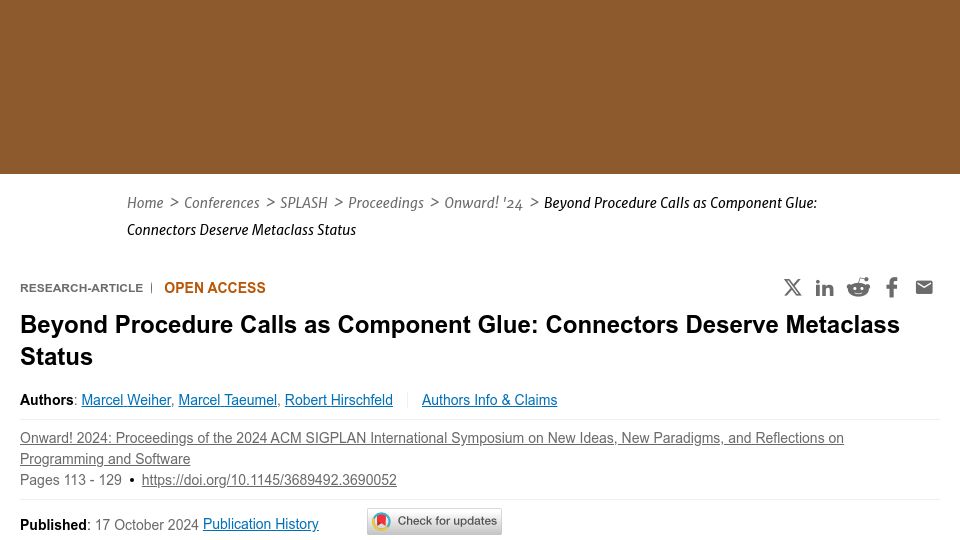 Screenshot of dl.acm.org: Beyond Procedure Calls as Component Glue: Connectors Deserve Metaclass Status