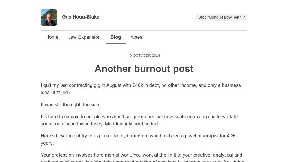 Screenshot of gushogg-blake.com: Another Burnout Post