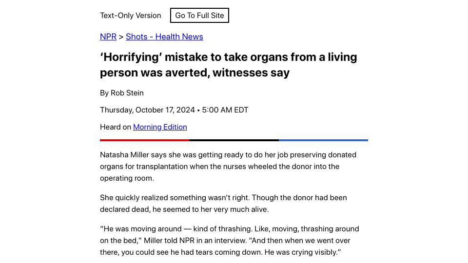 Screenshot of npr.org: Mistake to take organs from a living person was averted, witnesses say