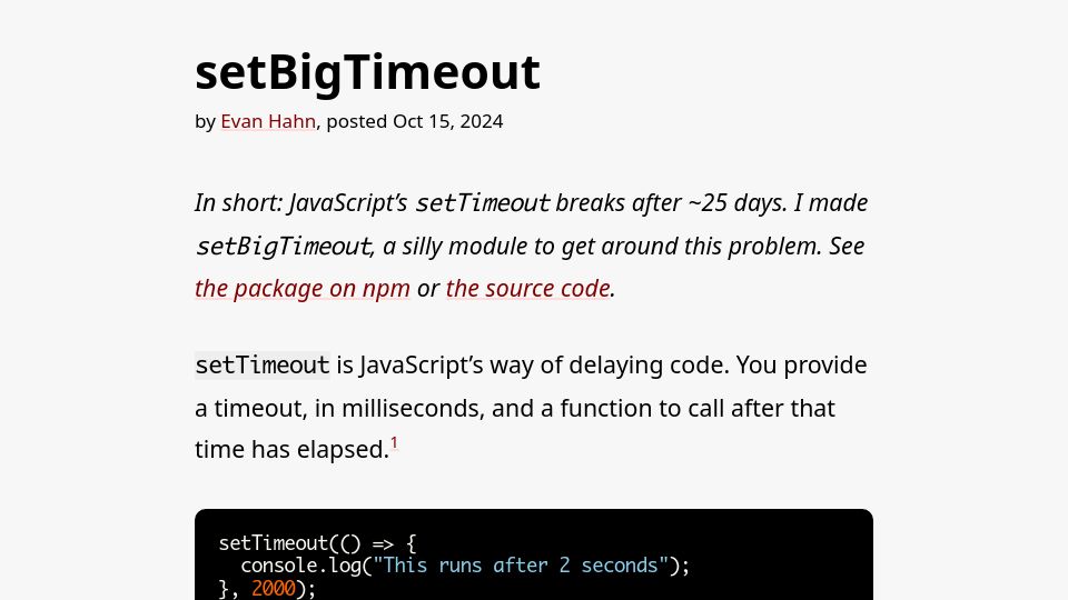 Screenshot of evanhahn.com: setBigTimeout