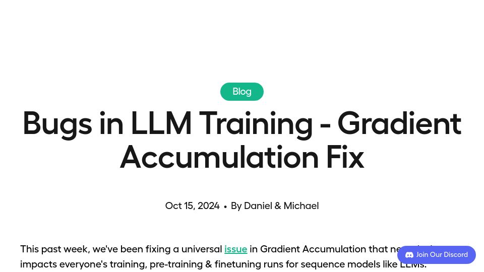 Screenshot of unsloth.ai: Bugs in LLM Training – Gradient Accumulation Fix
