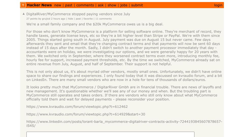 Screenshot of Hacker News post: Tell HN: DigitalRiver/MyCommerce stopped paying vendors since July
