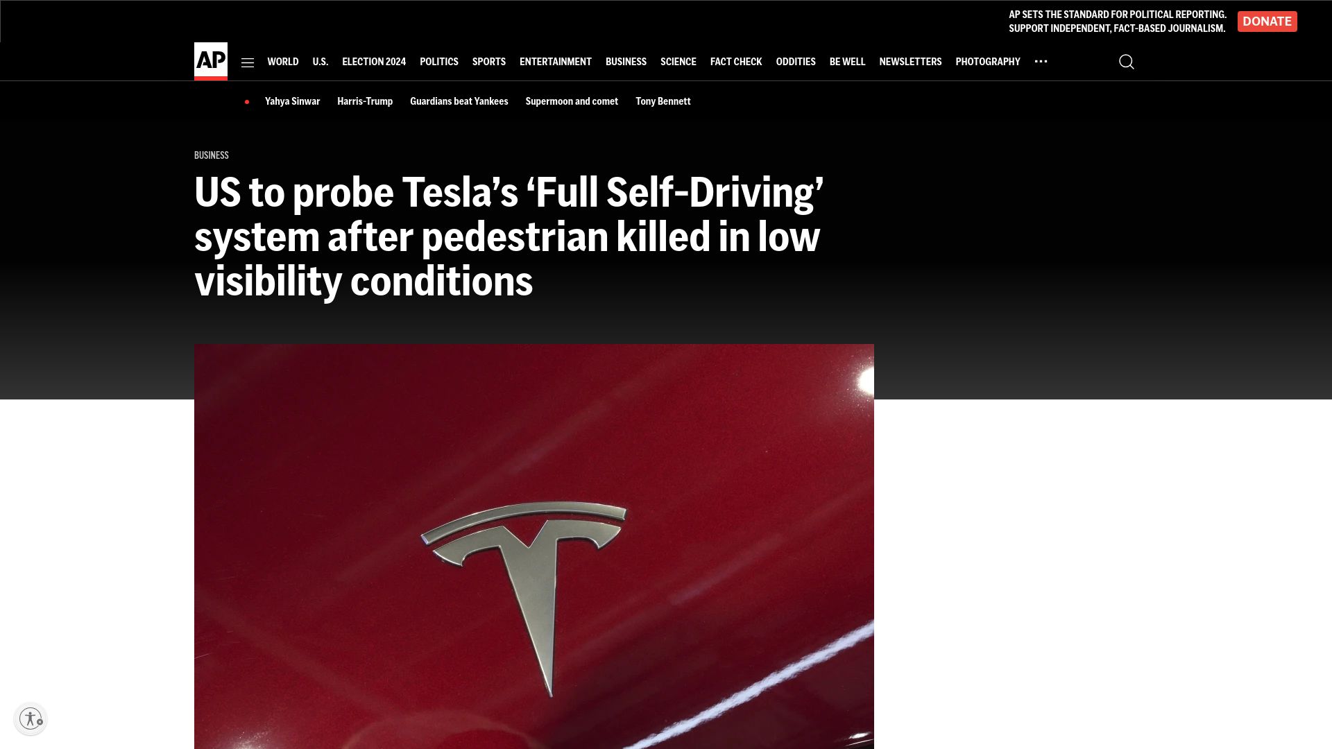 Screenshot of reuters.com: US probes Tesla's Full Self-Driving software after fatal crash
