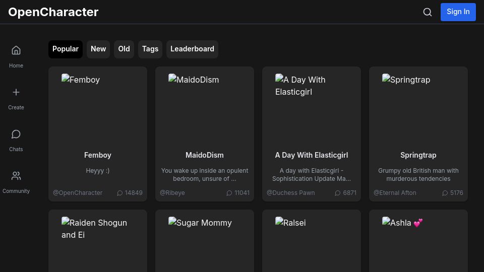 Screenshot of opencharacter.org: Open-source, uncensored alternative to CharacterAI