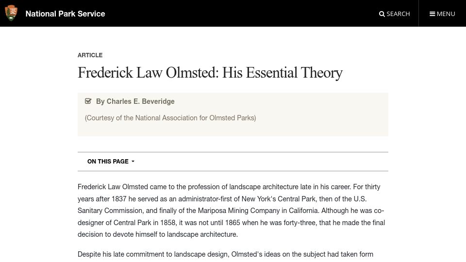 Screenshot of nps.gov: Frederick Law Olmsted: His essential theory (2000)