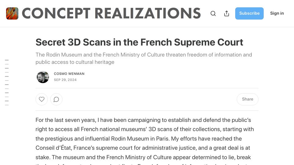 Screenshot of cosmowenman.substack.com: Secret 3D scans in the French Supreme Court