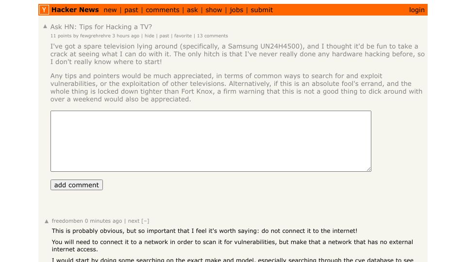 Screenshot of Hacker News post: Ask HN: Tips for Hacking a TV?